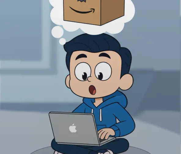 Joven imaginando su primera compra por internet desde su laptop