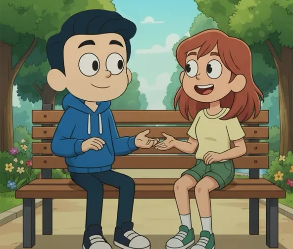 Dos amigos conversando sobre el programa de referidos en un parque