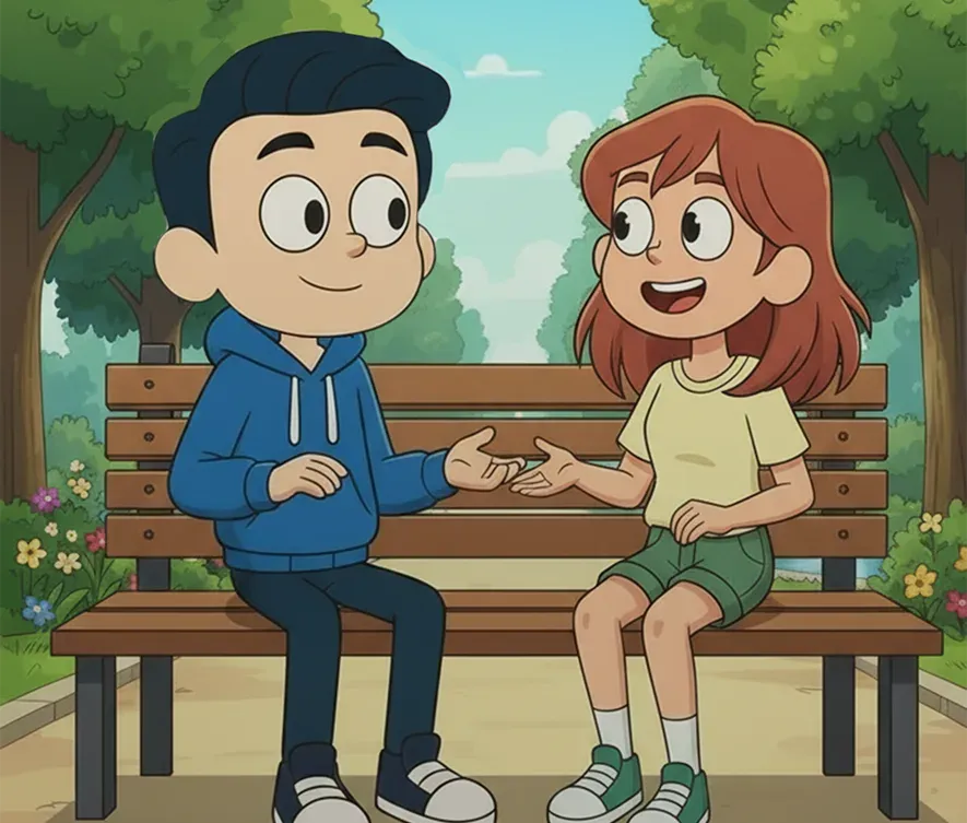 Dos amigos conversando sobre el programa de referidos en un parque