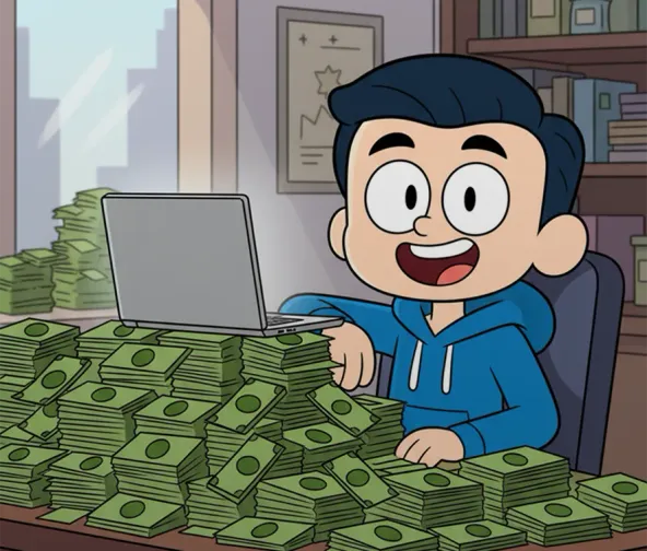 Cliente feliz frente a su laptop tras recuperar su dinero
